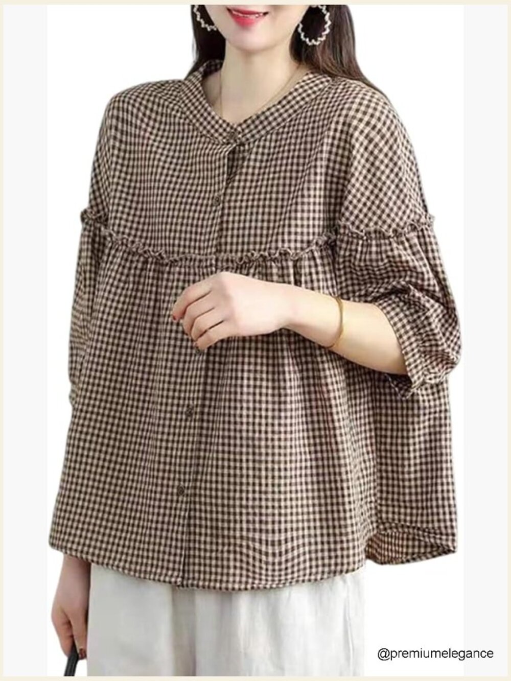 Women's Plaid Button Down Shirt Loose Fit 3/4 Sleeve Cotton Blouse